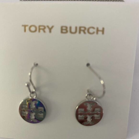 New Tory Burch Silver French Wire Logo Earings - Picture 1 of 5